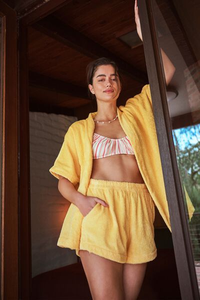 Short Sleeve Towelling Robe, BANANA CREME