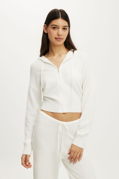 Hooded Zip Up Knit Cardi, CLOUD DANCER