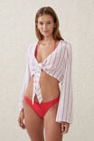 Knot Front Beach Long Sleeve Top, LOBSTER RED STRIPE - alternate image 1