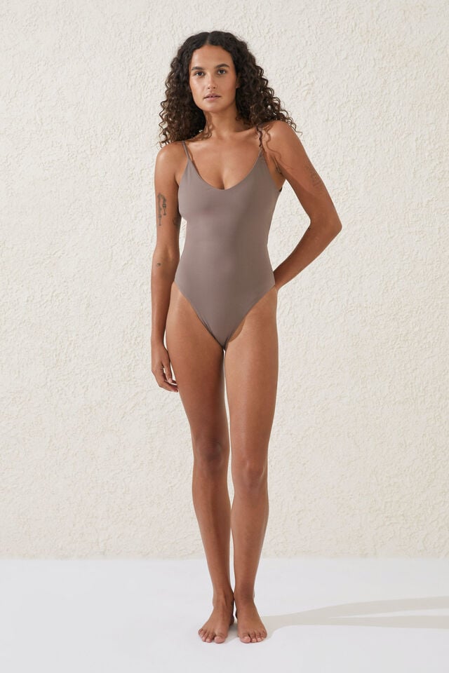Smoothing Thin Strap Cheeky One Piece, RAW UMBER