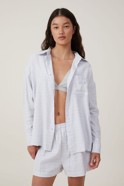 Flannel Boyfriend Long Sleeve Shirt, PANNA COTTA/BLUE CHECK