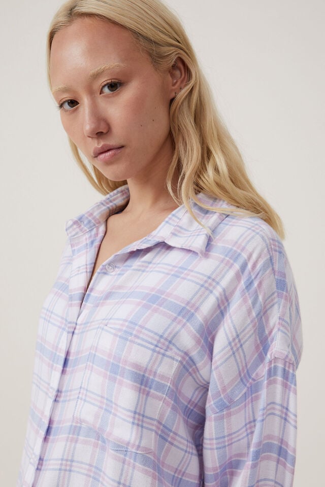 Camiseta - Flannel Boyfriend Long Sleeve Shirt, WHITE/BLUE/PINK CHECK
