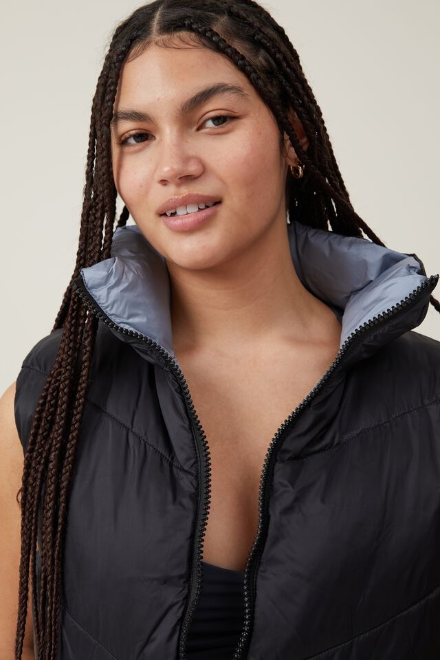 The Recycled Reversible Cropped Mother Puffer Vest, CLOUD GREY/BLACK