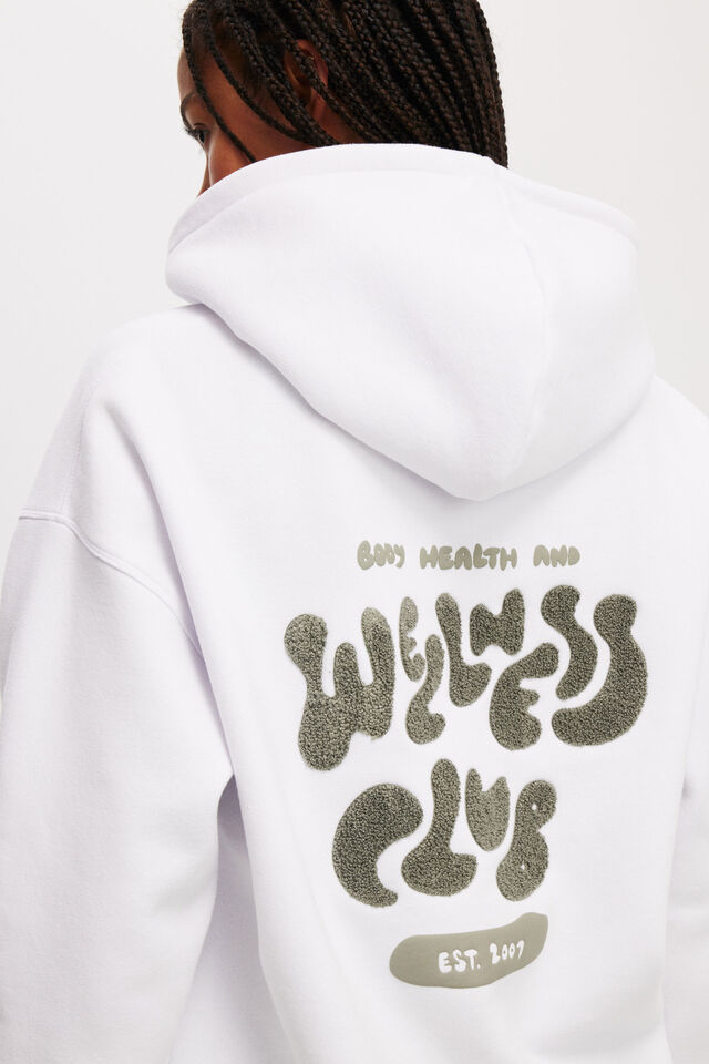 Plush Premium Graphic Hoodie, WHITE/WELLNESS CLUB DUSTY KHAKI