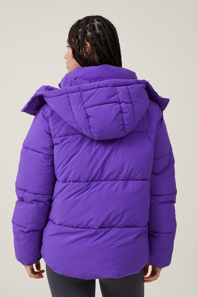 Long padded jacket with removable hood - Violet
