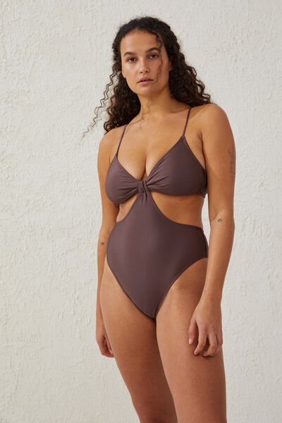 Cut Out Knot Front One Piece Brazilian, BROWNIE SHIMMER