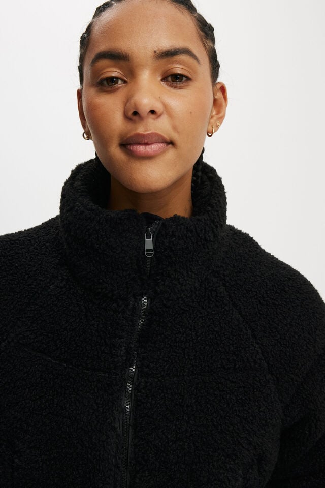 The Mother Puffer Cropped Sherpa Jacket, BLACK