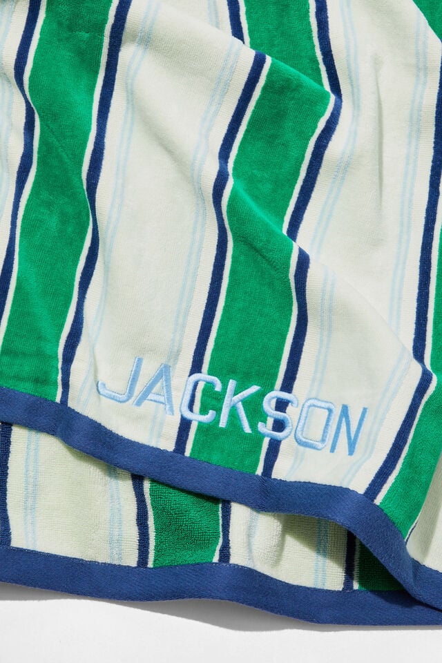 Cotton Beach Towel Personalised, COASTAL STRIPE GREEN BLUE