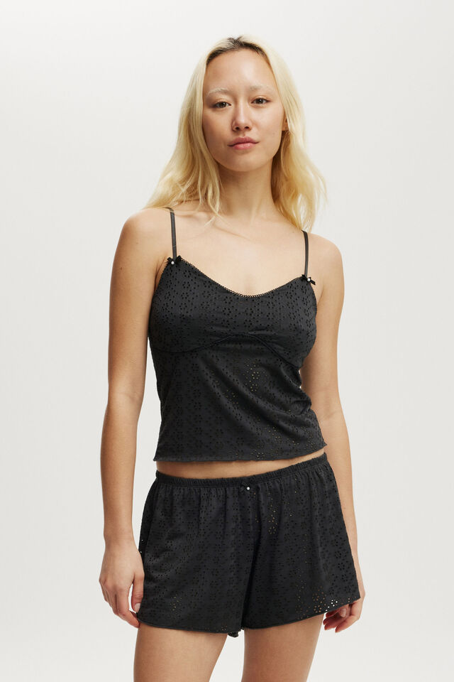 Stretch Broderie Cami, EBONY