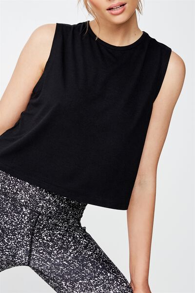 Cropped Active Muscle Tank, BLACK