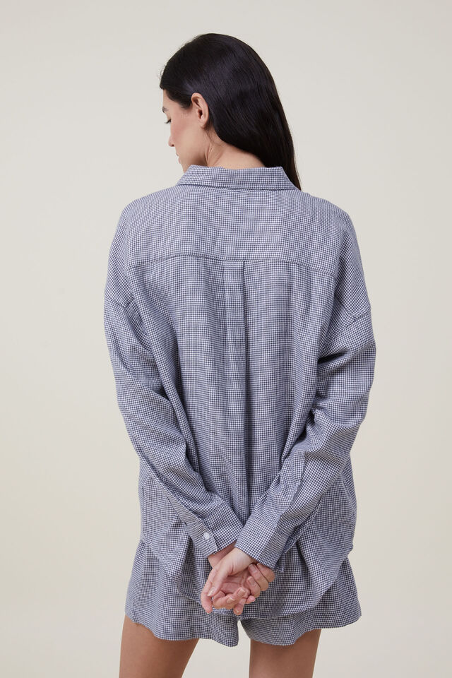 Flannel Boyfriend Long Sleeve Shirt, OMBRE BLUE MICRO HOUNDSTOOTH