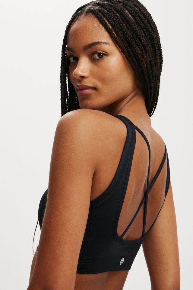 Seamless Plunge Strappy Back Crop, BLACK