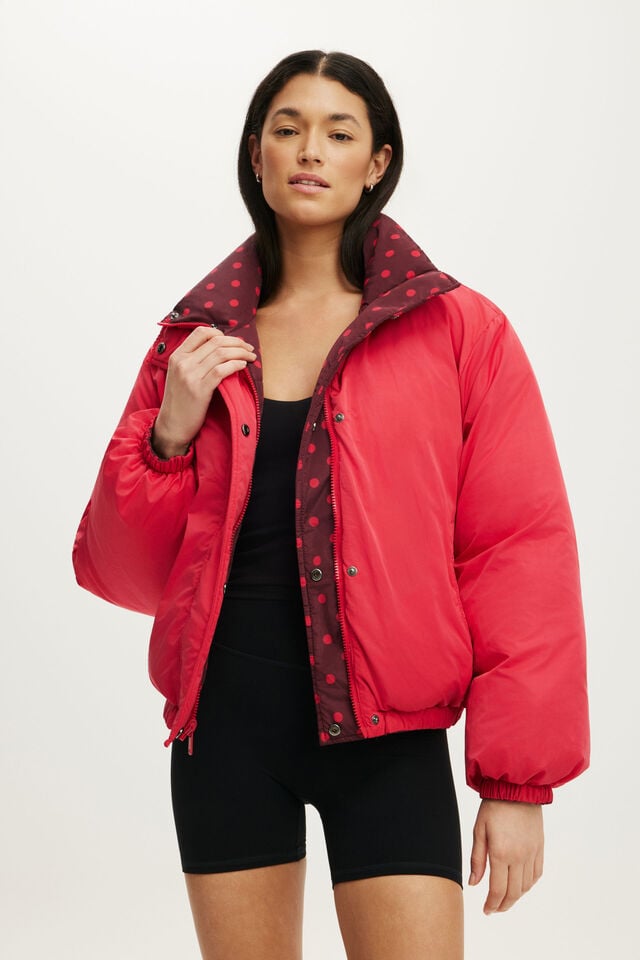 The Mother Puffer Funnel Reversible Jacket, SPOT/CHARGED RED