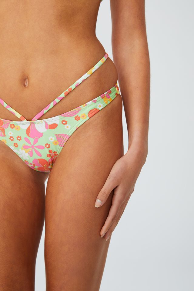 Cut Out High Side Brazilian Bikini Bottom, BLOOMING RETRO FLORAL GREEN SHIMMER