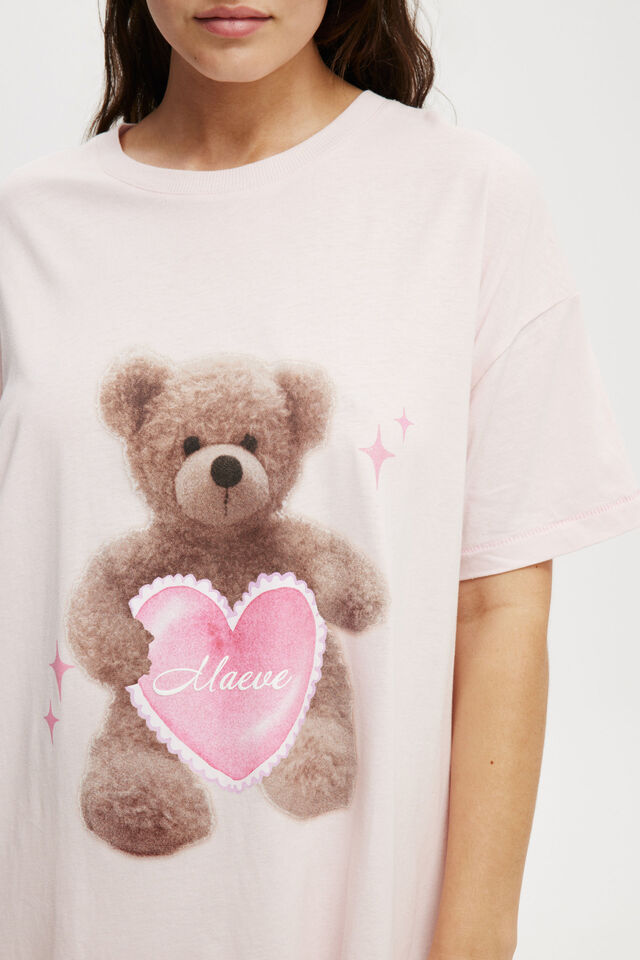 90S Graphic T-Shirt Nightie Personalised, DUSTY PINK/BEAR WITH HEART