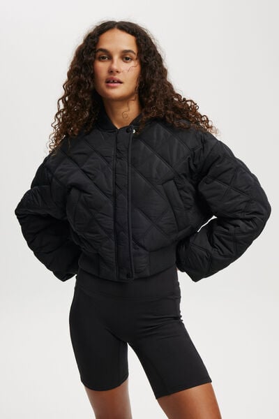 Quilted Rib Bomber Jacket, BLACK