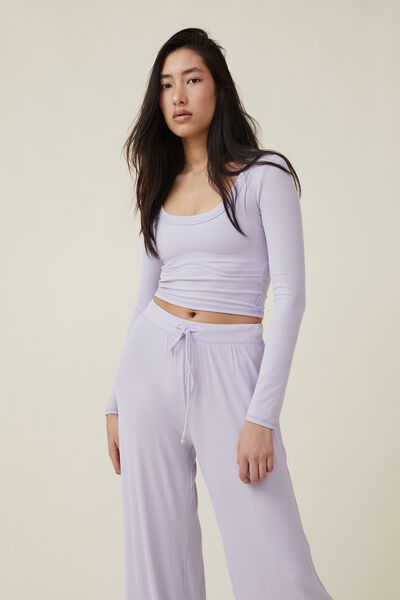 Sleep Recovery Cropped Long Sleeve Top, THISTLE RIB