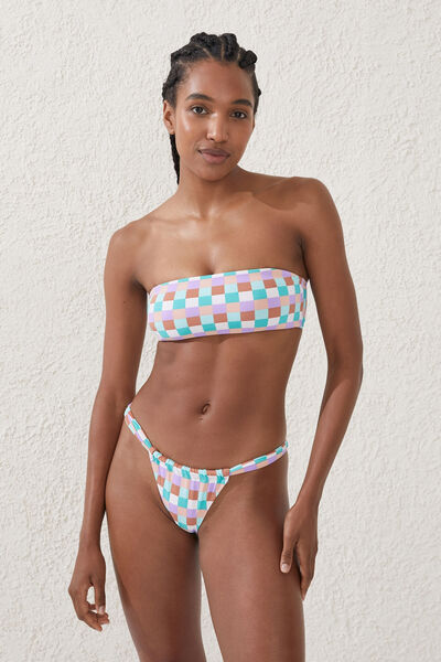 Thick Gathered Strap Brazilian Bikini Bottom, MULTI CHECK