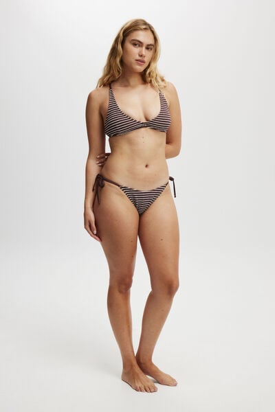 Calcinha De Biquíni - Fixed Tie Side Brazilian Bikini Bottom, WILLOW BROWN CRINKLE STRIPE