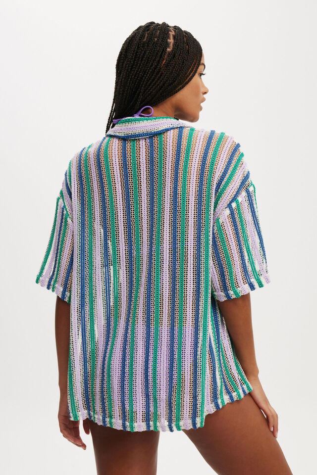 The Essential Short Sleeve Beach Shirt, TROPICAL IRIS/DEEP GREEN OPEN MESH