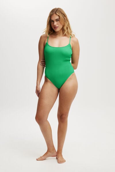 Thin Strap Low Scoop One Piece Cheeky, PALM LEAF CRINKLE