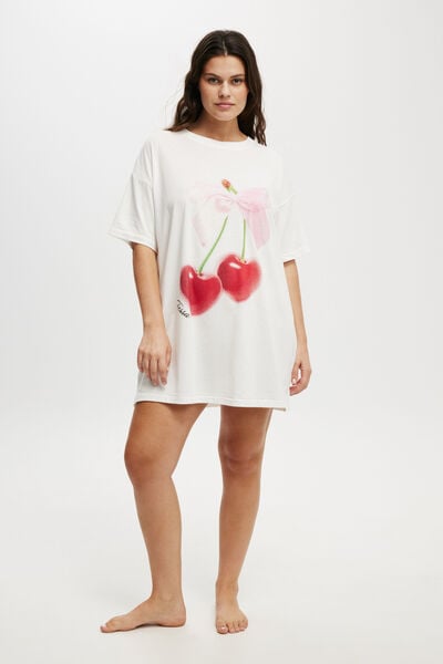 90S Graphic T-Shirt Nightie Personalised, COCONUT MILK/CHERRY WITH BOW