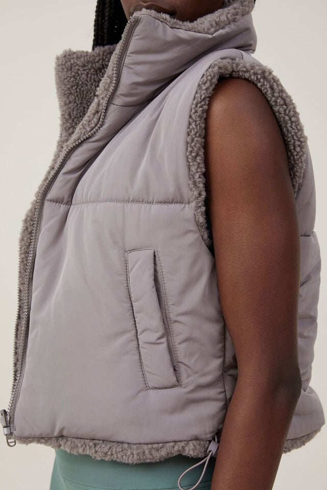 The Mother Puffer Sherpa Reversible Vest, DESERT GREY