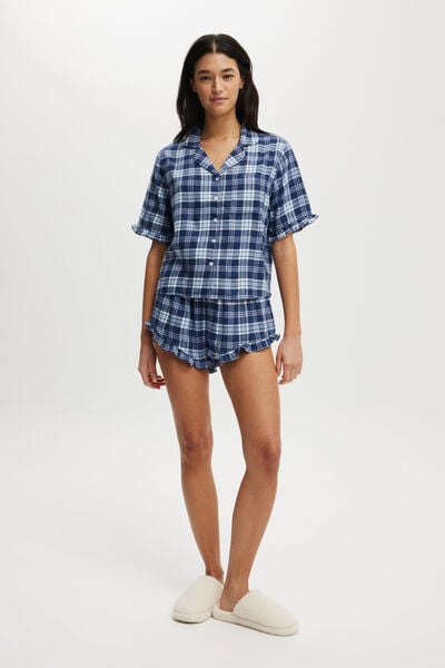 Flannel Short Sleeve Shirt And Short Sleep Set, NAVY BLUE CHECK