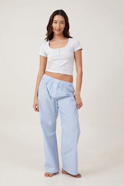 Cotton Pajama Pants - White/light blue striped - Ladies