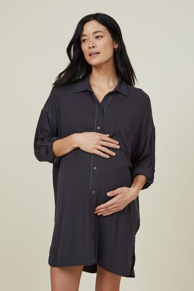 Sleep Recovery Maternity Long Sleeve Night Shirt, BLACK RIB