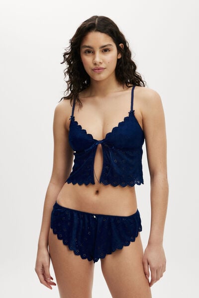 Broderie Longline Lace Tie Up Bralette, VOYAGE BLUE