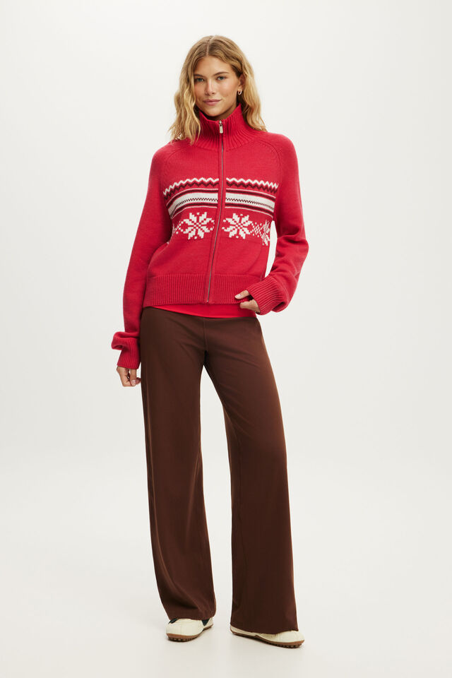 Funnel Neck Fairisle Knit Zip Through, CHARGED RED