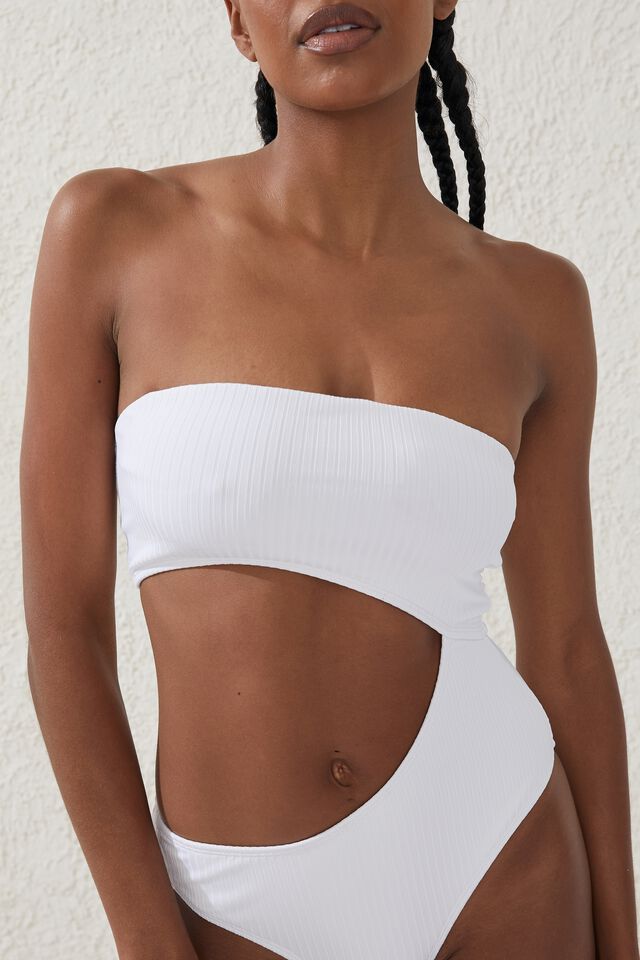 Strapless Cut Out One Piece Brazilian, WHITE WIDE RIB