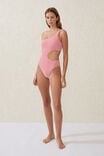 One Shoulder Cut Out One Piece Cheeky, LOBSTER RED CRINKLE STRIPE - alternate image 1