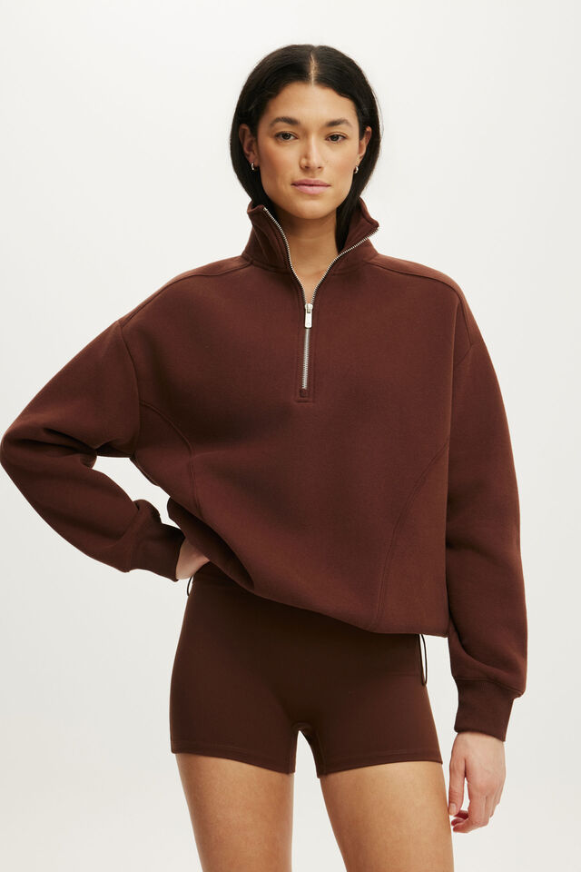 Plush Half Zip Sweatshirt, CHESTNUT