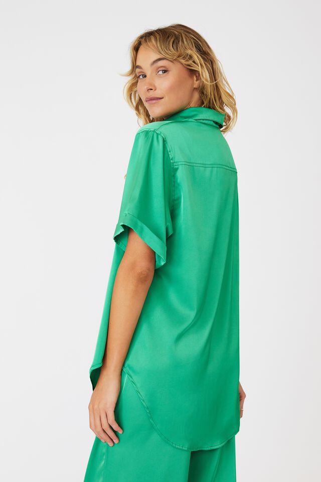 Short Sleeve Satin Sleep Shirt, KELLY GREEN