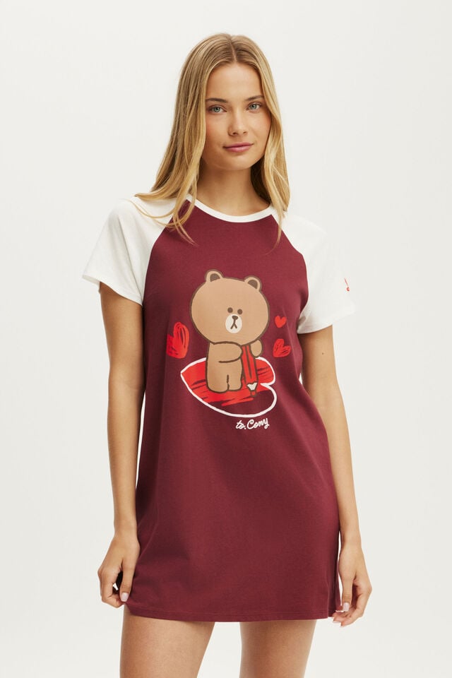 Relaxed Graphic T-Shirt Nightie, LCN LIN/LINE FRIENDS LOVE BROWN