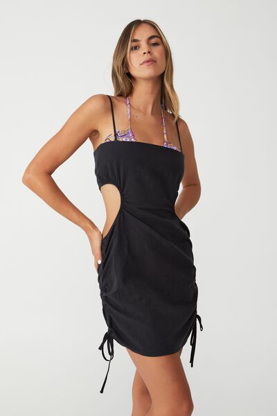 Cut Out Gathered Beach Dress, WASHED BLACK