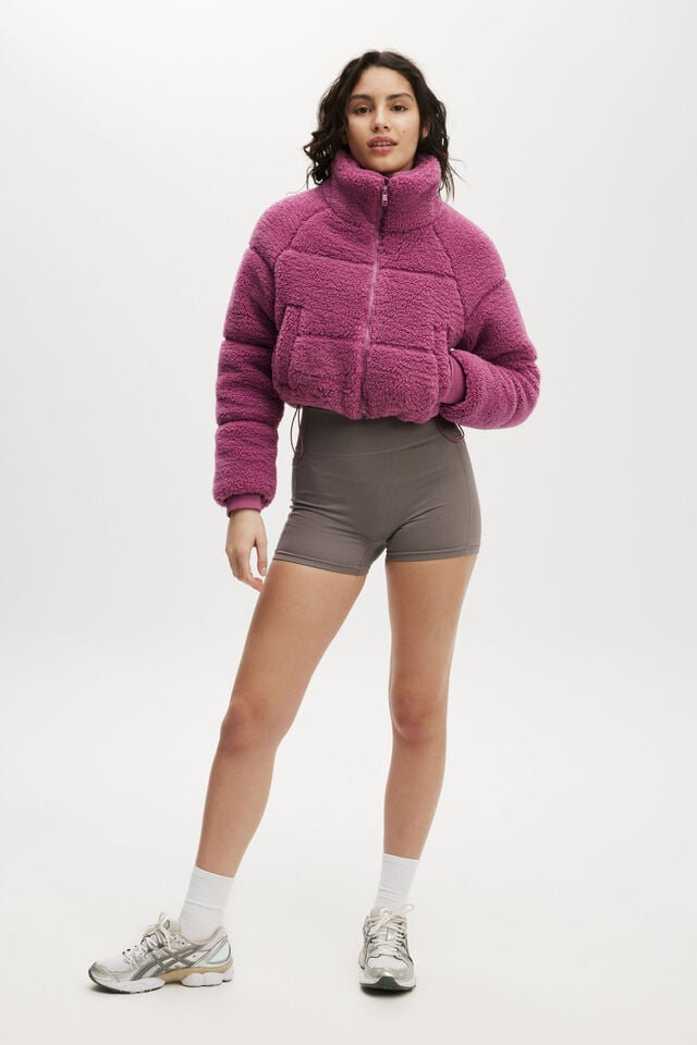 The Mother Puffer Cropped Sherpa Jacket, RED VIOLET