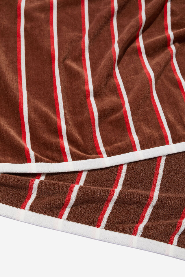 Cotton Beach Towel, POOLSIDE STRIPE BROWN RED