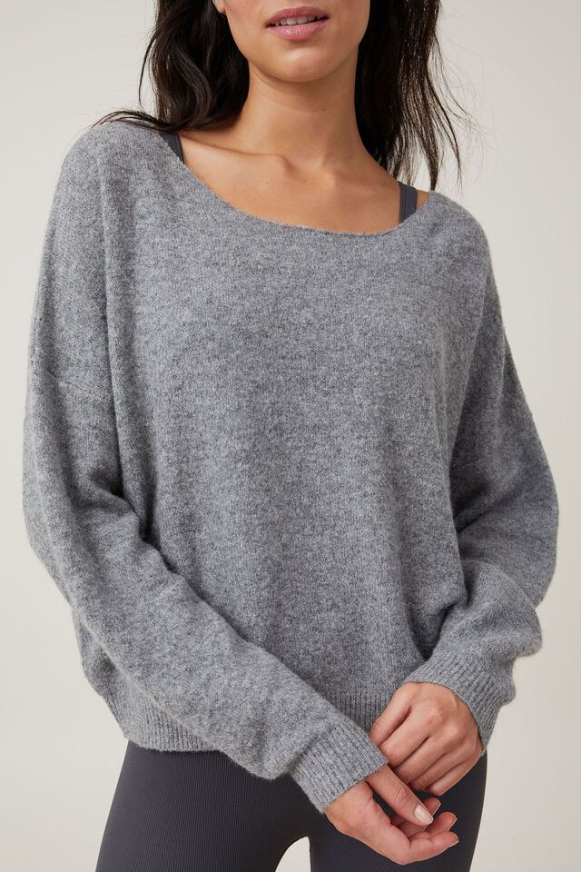 Off Shoulder Relaxed Knit Jumper, CHARCOAL MARLE