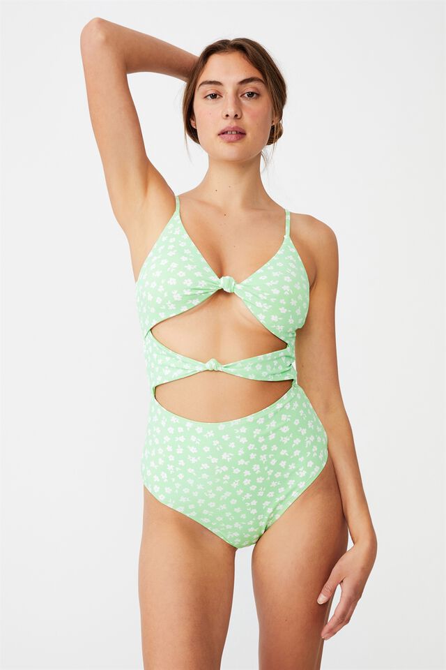 Knot Front Cut Out One Piece Brazilian, MINT DAISY