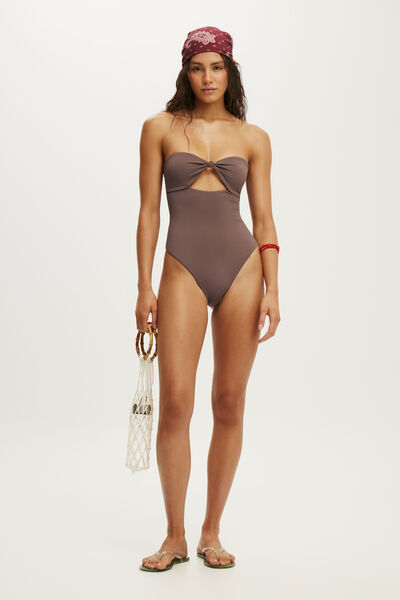 Strapless Knot Front One Piece Brazilian, CLAY TAUPE MATTE