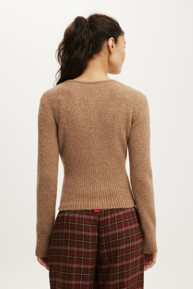 Fluffy Fitted Knit Cardi, HEART ARGYLE SOFT MOCHA