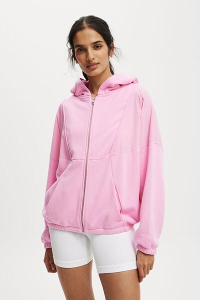 Spliced Fleece Zip Through Hoodie, MILLENNIAL PINK