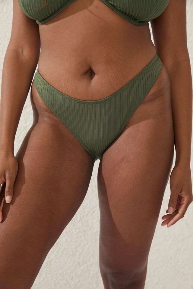 High Side Brazilian Seam Bikini Bottom, KHAKI WIDE RIB