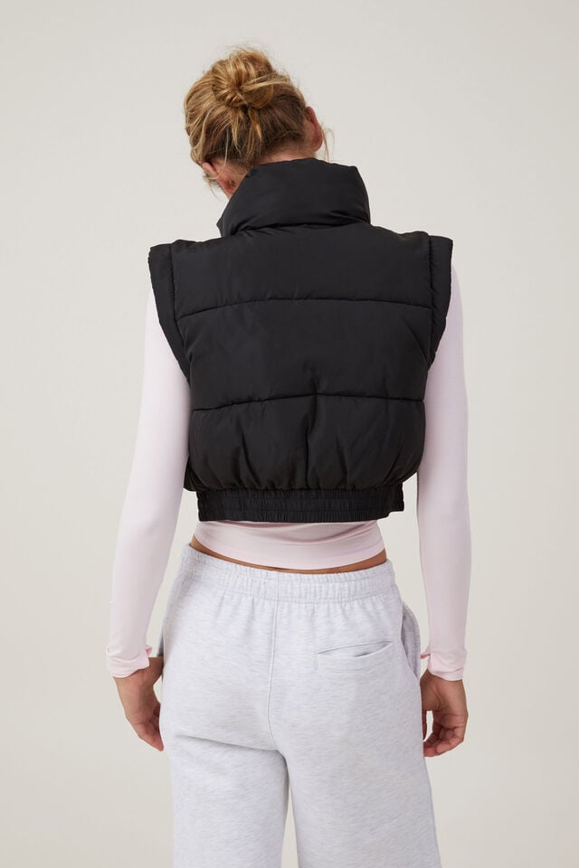 The Mother Puffer Panelled Crop Vest, BLACK