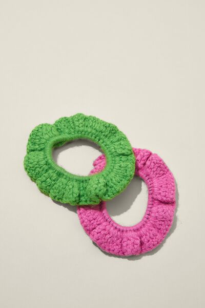 2Pk Crochet Scrunchies, TREE FROG GREEN/ NEON PINK