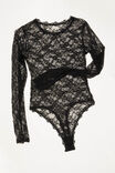 Stretch Lace Long Sleeve Bodysuit, BLACK - alternate image 1