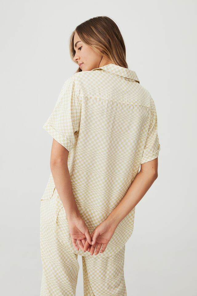 Short Sleeve Satin Sleep Shirt, GREEN WARPED CHECKERBOARD